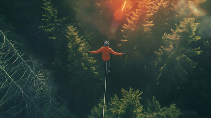 A man walking on rope with green forest light and bokeh and deep in forest in the background
