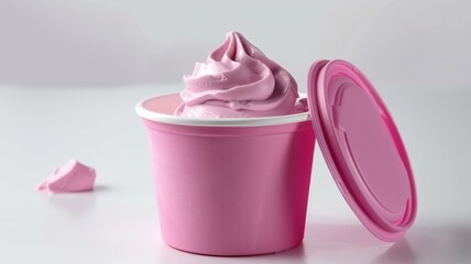 Pink container of soft serve ice cream with lid on side