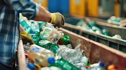 Fototapeta premium Caucasian person's hands sorting plastic bottles in recycling plant