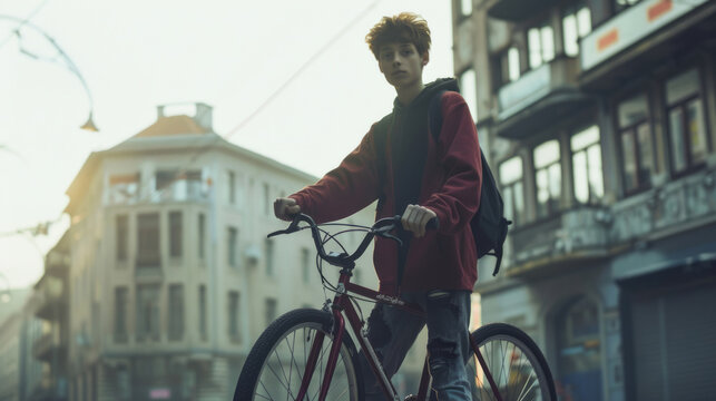 Teenager with fixie bike in urban cityscape at sunset