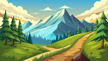 Hiking on the trails with a mountain in the distance, smooth lines, and landscape illustration. © Sumondesigner_42