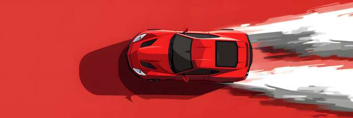  a red sports car, grey dust cloud trail from behind the car, red background, shot from above