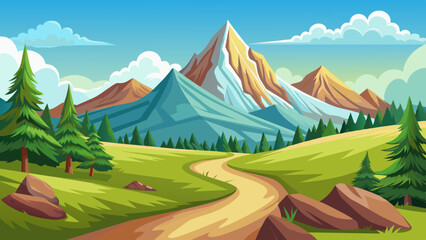 Hiking on the trails with a mountain in the distance, smooth lines, and landscape illustration.