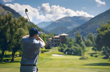 Obraz premium Golfer Playing on Course, Back View Man Swinging Club