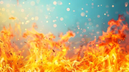 Dynamic scene of vibrant, dancing flames with floating sparks, set against a bokeh-filled background, creating a vivid and intense visual.