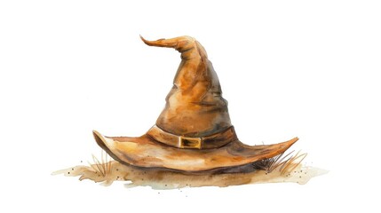 Fototapeta premium A whimsical Halloween witch hat depicted in a charming hand drawn watercolor illustration stands out against a clean white background