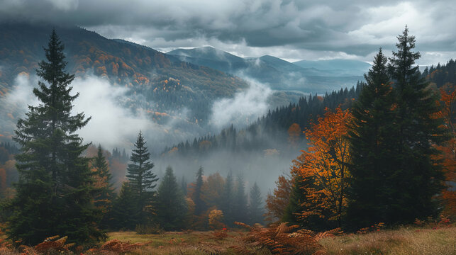 Scenic autumn forest view with fog and mountains