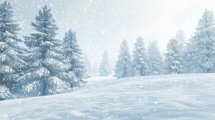 Snow-covered trees with falling snowflakes on a bright winter day. Peaceful and magical winter wonderland concept.