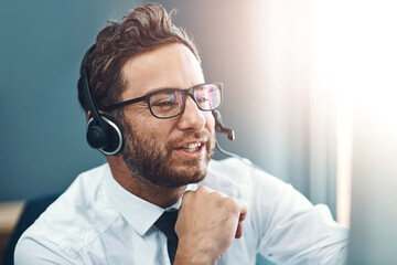 Businessman, headset and contact center agent speaking, inbound and outbound calls for customer service consultant. Advice, telesales and online assistance in office, communication and microphone