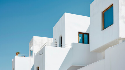 Minimalist white houses in Greece with clear blue sky