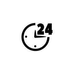 A minimalist black and white icon depicting a stylized 24-hour clock face, conveying the concept of continuous time, availability, and accessibility.