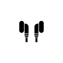 A sleek and modern black and white vector icon featuring a pair of earbuds. Perfect for designs related to music, audio, podcasts, technology, or tutorials