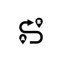 Black and white vector icon illustrating a route from point A to B