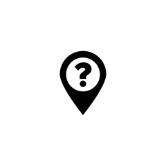 Black question mark in a map pin icon, symbolizing inquiry or search for locations
