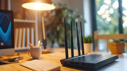 a high-speed router placed on a clean, minimalist desk, with stylish modern home decor elements, highlighting the theme of secure online communication