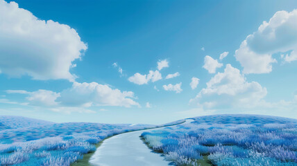 Obraz premium ネモフィラの花畑を通る曲がりくねった道