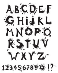 Ink Splatter Black Alphabet With Numbers isolated on White background. Vector illustration 