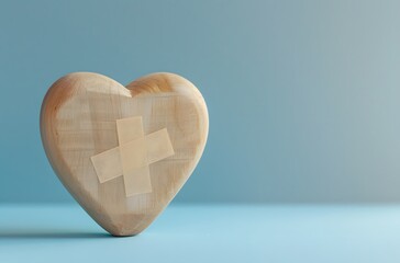 Wooden Heart with Cross-Shaped Bandage on Blue Background