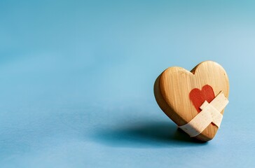 Fototapeta premium Wooden Heart with Bandage on Blue Background