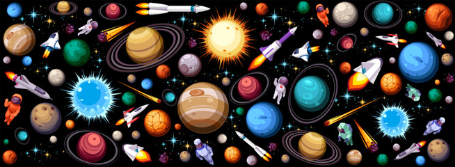 Background design with many planets in space illustration. Space icon set and astronaut © 4zevar