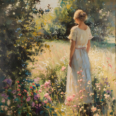 Vintage oil painting of woman standing in garden. Generative AI.
