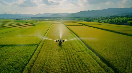 Advanced agricultural drone spraying medicine over expansive rice fields, in a bright and clear