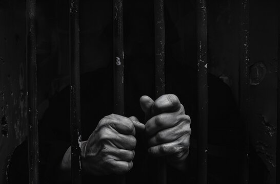 Hands Holding Prison Bars in Dark Minimalistic Setting