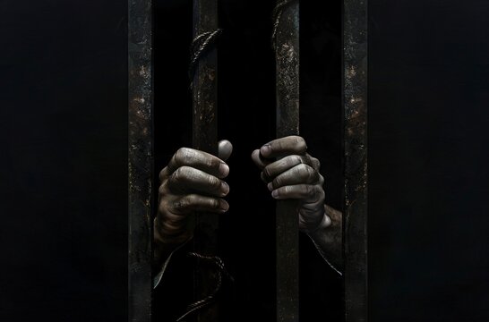 Prisoner Gripping Bars Against Dark Background