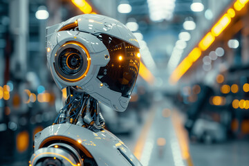 A white robot in a modern factory setting