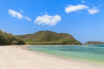 Beautiful tropical sea and white sand with clean blue sky at island Samae San District, Thailand