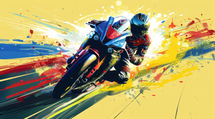 The design is an illustration of a sport bike driving fast on the road with colorful splashes in the background.