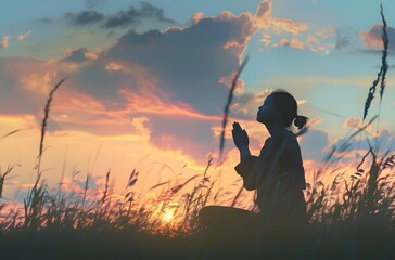 Silhouette of a Woman Kneeling in Prayer at Sunset