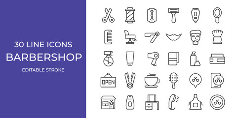 Barbershop icon illustration vector stroke editable. hairdryer, cutter, razor, and more