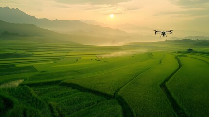 Bright scene of a drone flying over green rice fields, spraying medicine