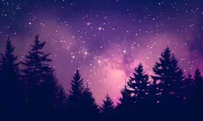 Starry Sky with Constellations and Pine Trees Silhouettes