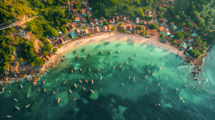 Aerial view of a tropical beach surrounded by lush greenery and dotted with colorful boats.