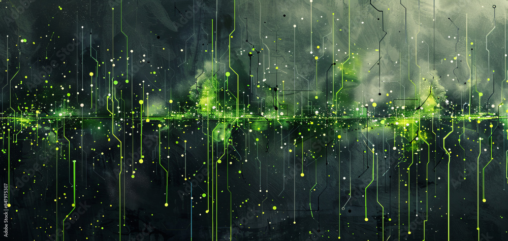 Wall mural hightech watercolor background with intersecting thin green lines and circuitlike patterns on a dark