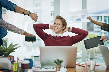 Man, multitasking and happy in office with hands, staff and documentation for deadline at startup....