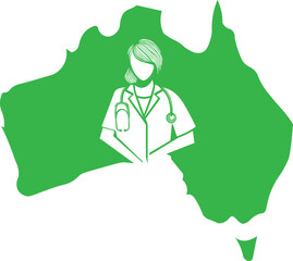 female woman doctor silhouette on map of australia, australian healthcare health medicine medical workforce, community access rural remote geography demographic