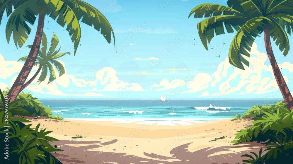 Wall mural cartoon beach with palm trees backdrop background