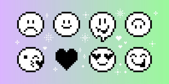 Pixels Y2k funny playful emoticon stickers. Love, kiss, melting smile. 8-bit retro style vector illustration for social media. Set of emoticons pixel art. Emoji pixelated icons. Various faces