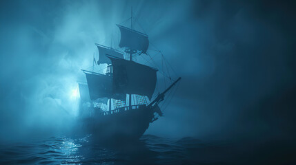 3d Cartoon Eerie ghost ship sailing  in the fog
