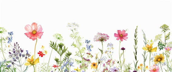 Watercolor Wildflowers Field Border on White Background