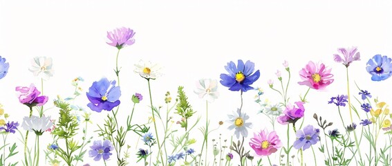 Watercolor Wildflowers Landscape with Cosmos and Daisies