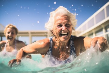 Fototapeta premium senior people exercising in a swimming pool. generative ai