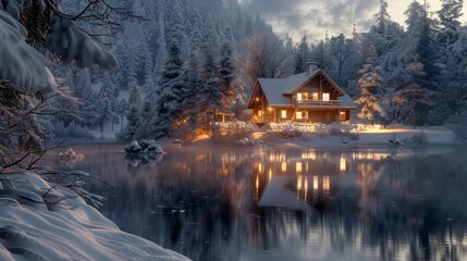 Fototapeta premium Snow-covered cabin by a frozen lake in a winter wonderland