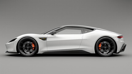 Fototapeta premium White sports car with black wheels and orange brake calipers on a grey background. Side view of a high-performance vehicle for car mockup design.