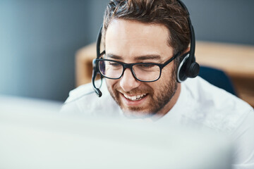 Businessman, talking and call center with headset, help desk and friendly customer service for...