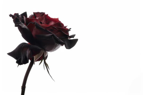 flower Photography, Black Baccara Rose copy space on right, Isolated on white Background