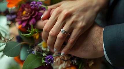 Bride and Groom Holding Hands, Romantic Mood, Close-Up with Floral Bouquet